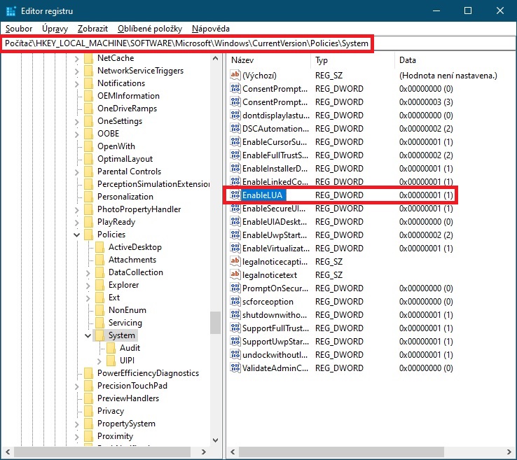 Editor registru řízení uživatelských účtů Windows 10