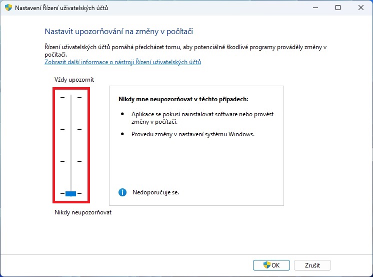 Vypnutí řízení uživatelských účtů Windows 11