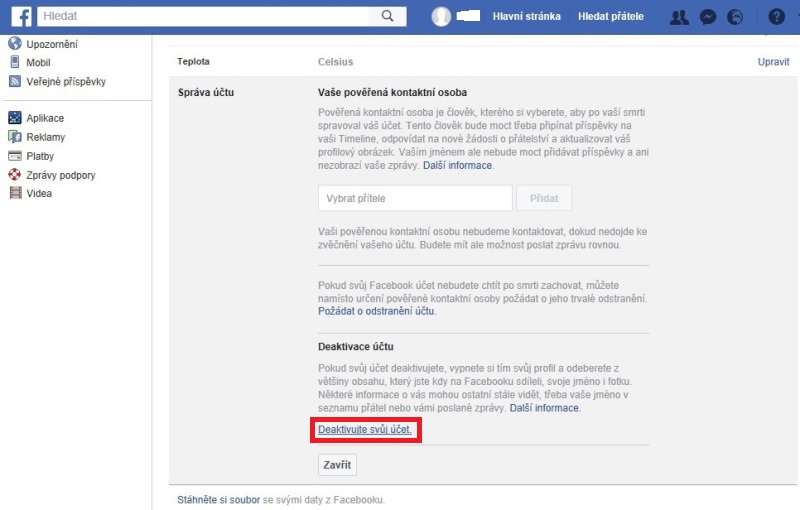 Jak zrušit Facebook účet a smazat profil 2