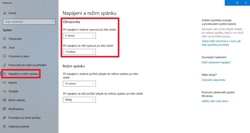 Napájení a režim spánku na notebooku ve Windows 10