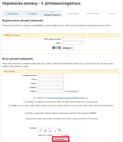 Wedos - registrace domény a objednání webhostingu 5