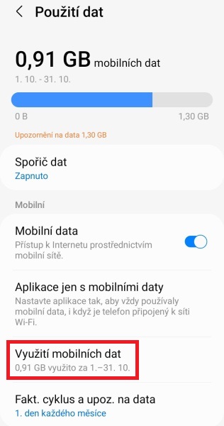 Nastavení využití dat v mobilu 3