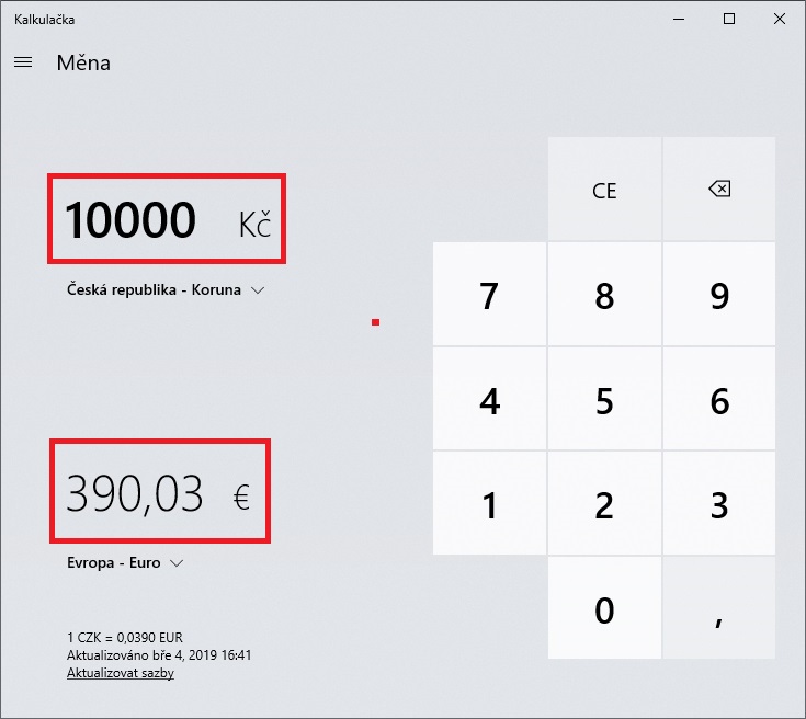 Převod měn - kalkulačka Windows 10 - 3