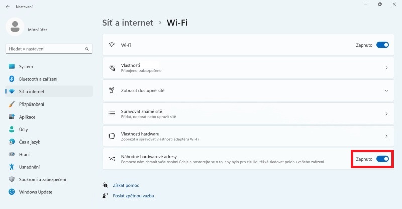 Síť a internet - Wifi - Windows 11