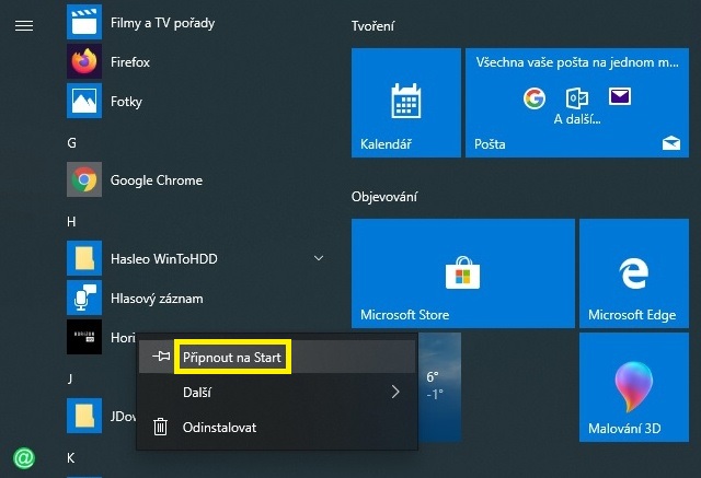 Připnutí aplikace na obrazovku Start ve Windows 10
