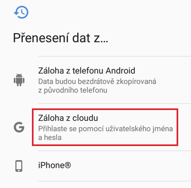Přenesení dat z cloudu v mobilu android