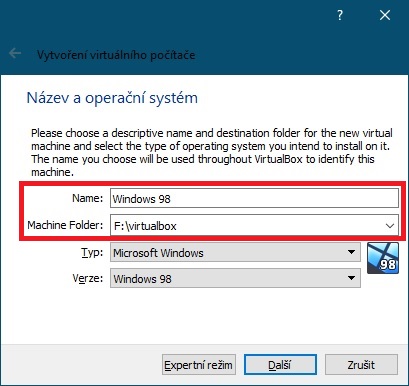 Virtualbox instalace Windows 98 01