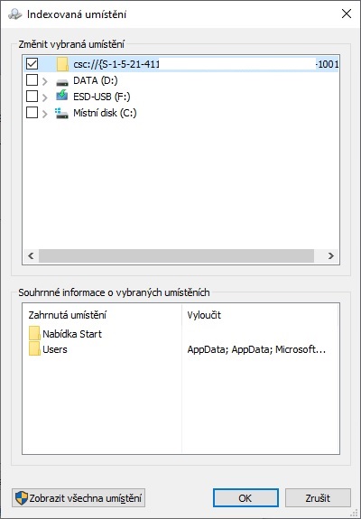 Indexovaná umístění Windows 10