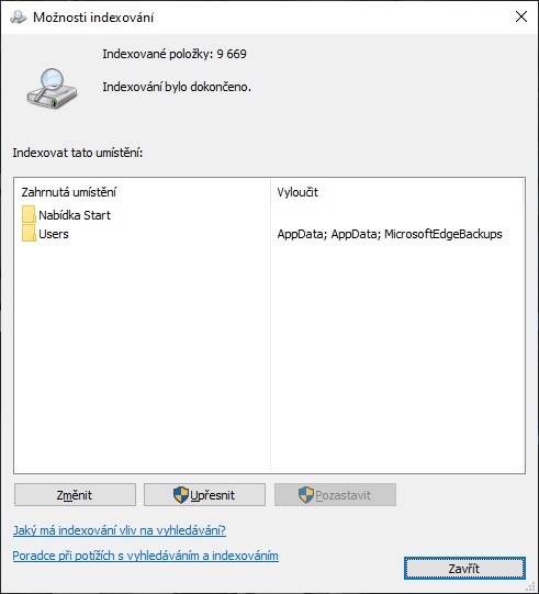 Možnosti indexování Windows 10