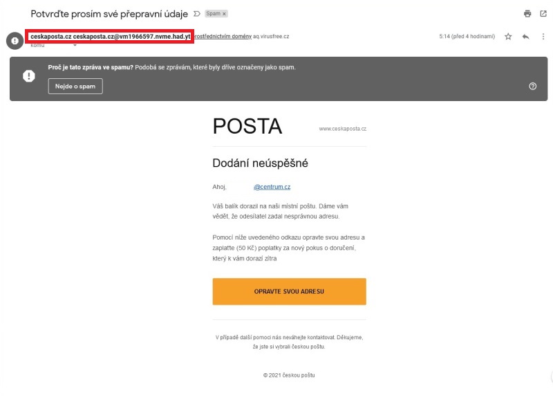 Podvodný e-mail Česká pošta