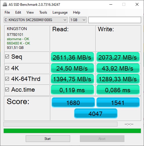 AS SSD benchmark Kingston KC2500 1TB NVME M2