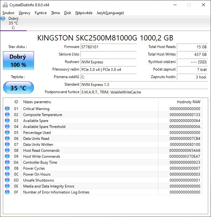 CrystalDiskInfo Kingston KC2500 1TB NVME M2