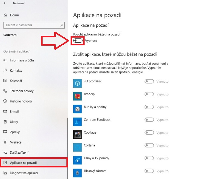 Jak vypnout aplikace na pozadí Windows 10