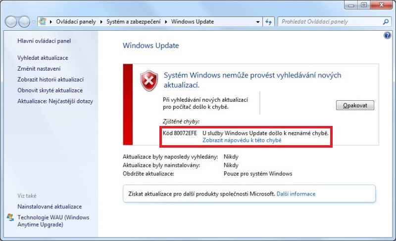 Chyba 80072EFE Windows 7 update