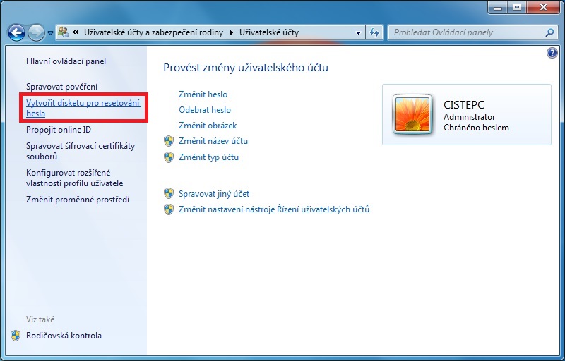 Disk pro resetování hesla Windows 7