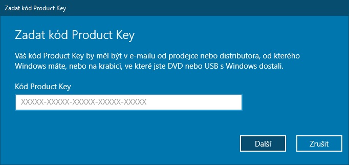 Zadat kód Product key Windows 10