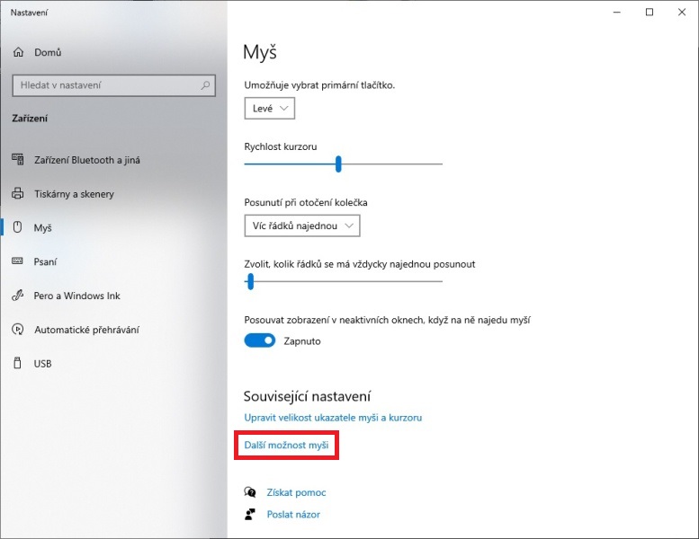 Další možnosti myši Windows 10