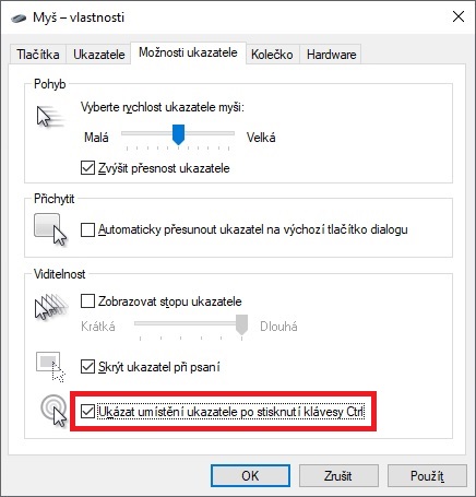 Možnosti ukazatele myši Windows 10