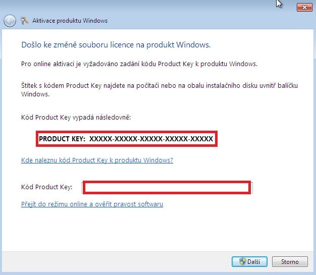Zadání product key Windows 7