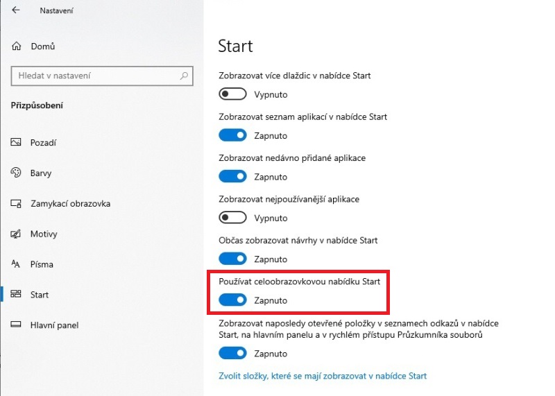Celoobrazovková nabídka Start Windows 10 - 2
