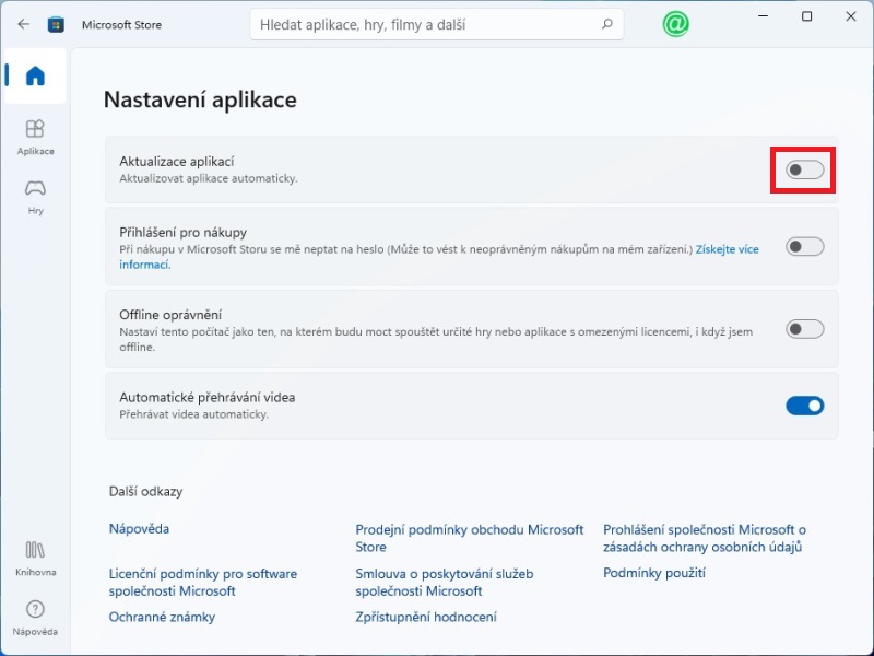 VYpnutí automatických aktualizací aplikací v Microsoft Store 3
