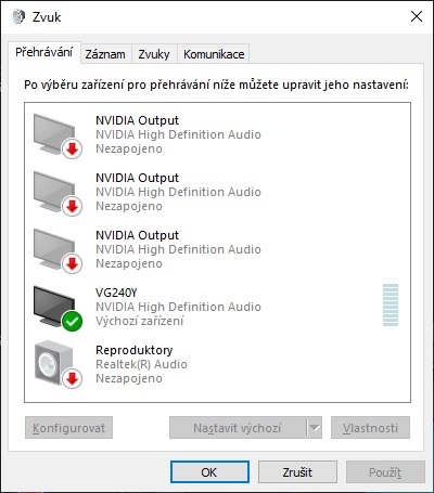 Přehrávání zvuků Windows 10
