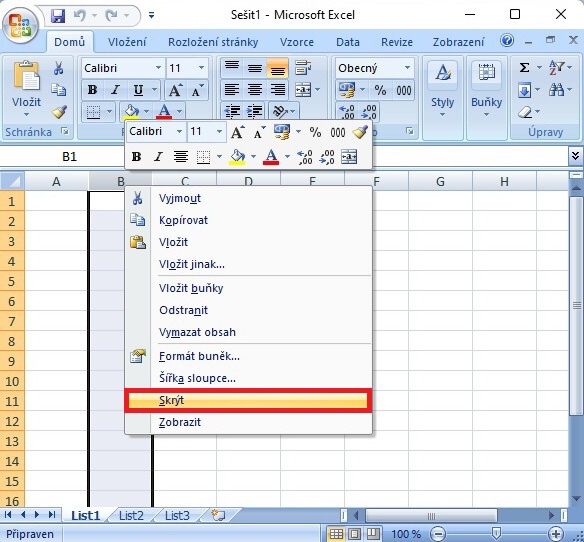 Excel skrýt sloupce