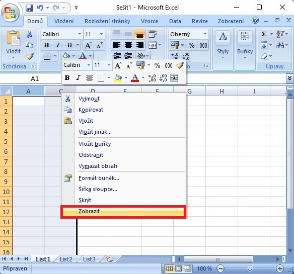 Zobrazení skrytých sloupců v Excelu