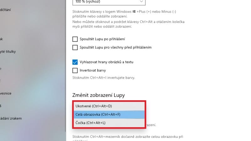 Windows 10 lupa zapnuta