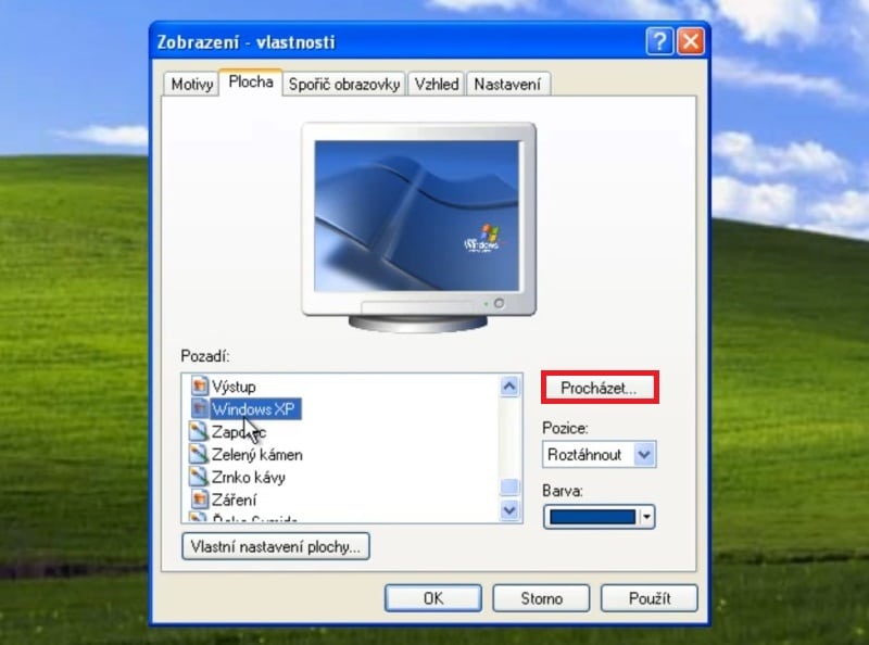 Windows XP plocha vlastnosti